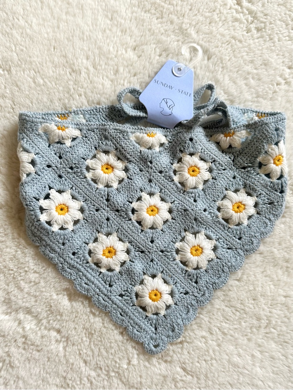 Sunday State Crochet Daisy Bandana in Light Blue and White